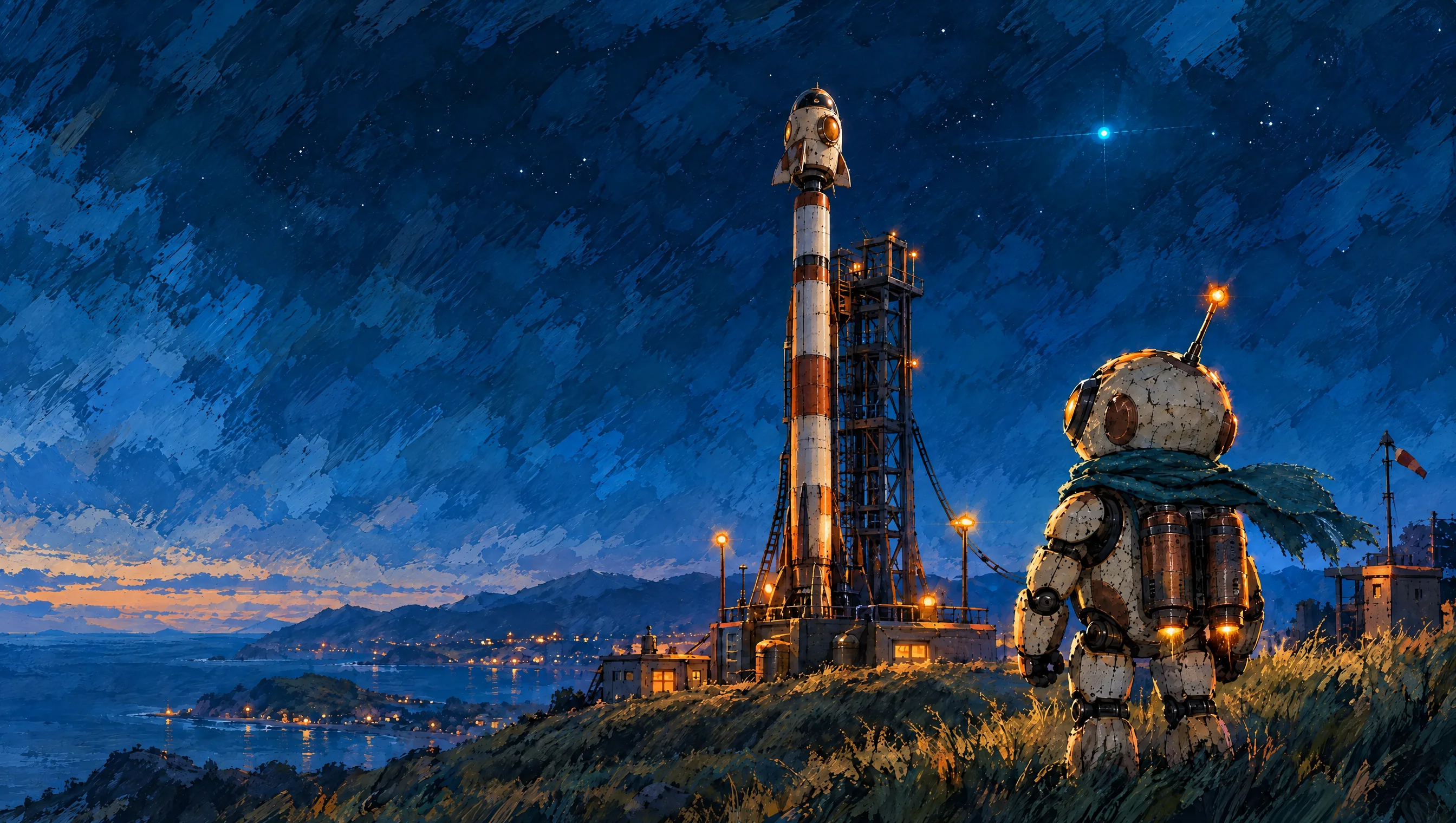 Abenddämmerung an der Küste: Der kleine Roboter steht neben einer Startrampe und blickt zu einem blinkenden Signal am Himmel.