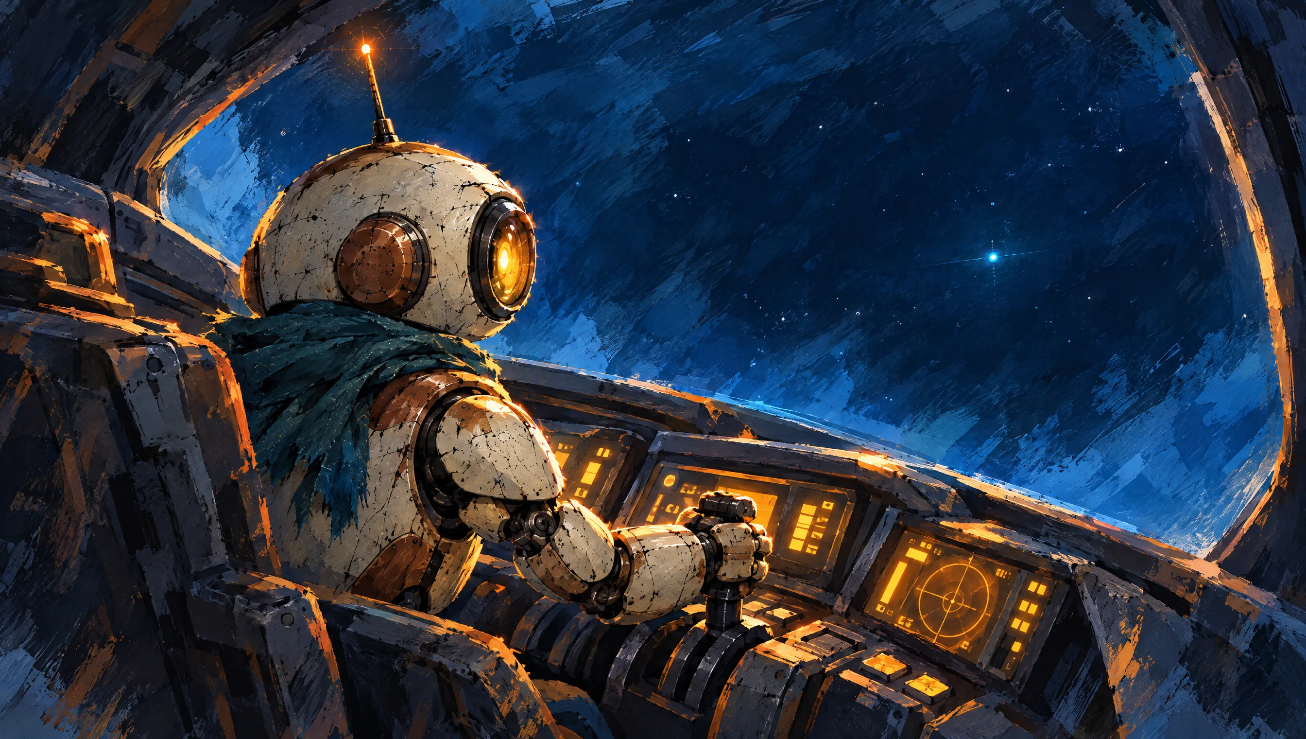 Der Roboter-Pilot im Cockpit, draußen im dunklen All blinkt das Signal.