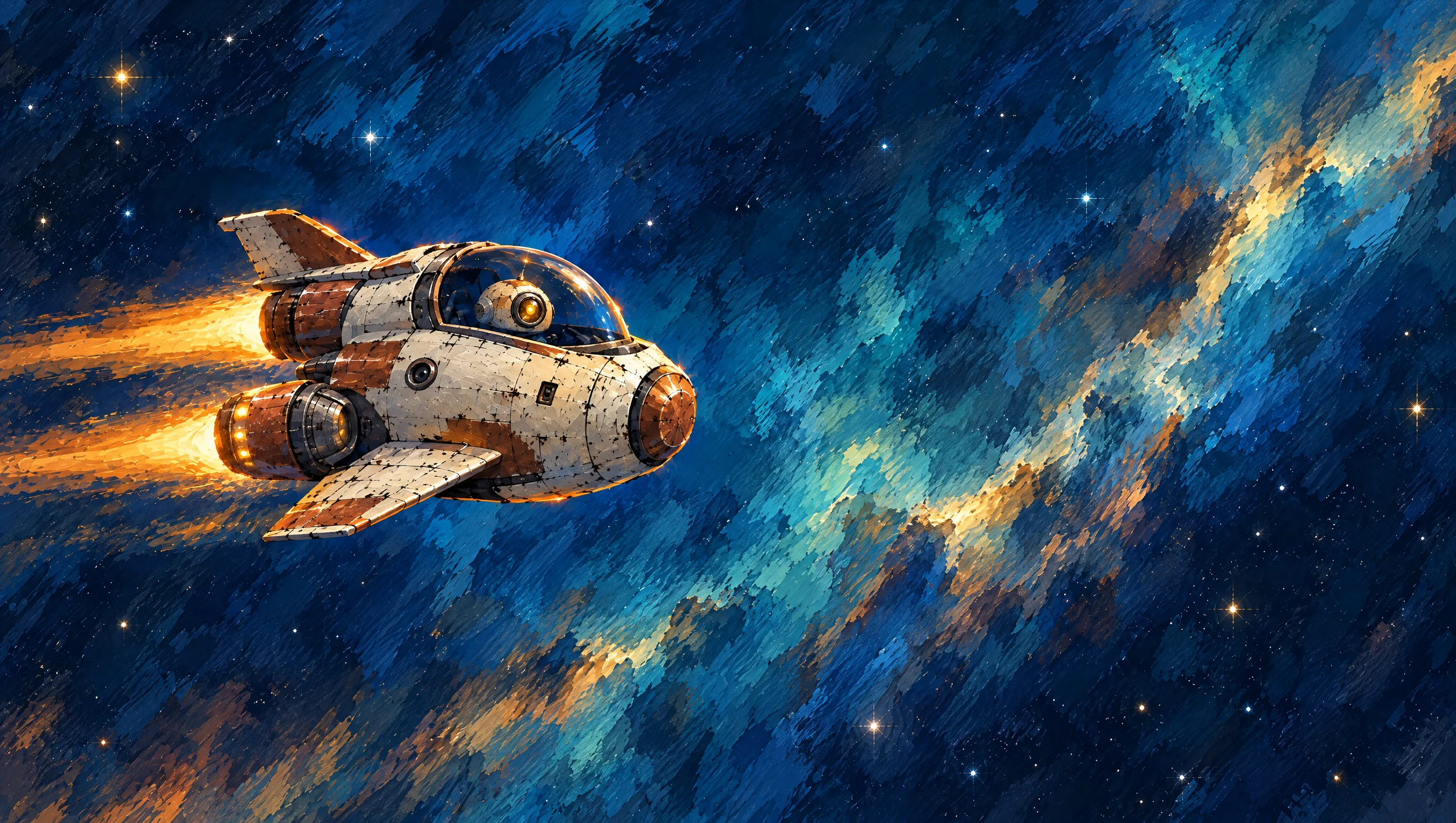 Das kleine Raumschiff des Roboters fliegt durch einen gemalten Nebel.