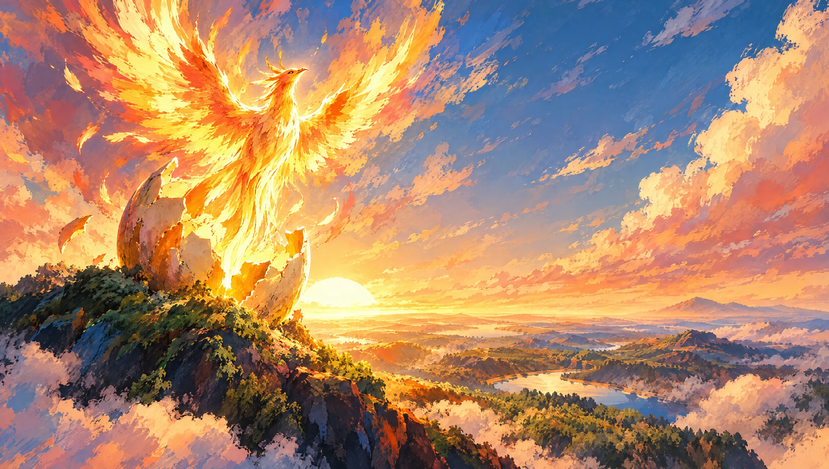 Ein leuchtender Phönix schlüpft bei Sonnenaufgang aus einem Ei über einer warmen Landschaft.