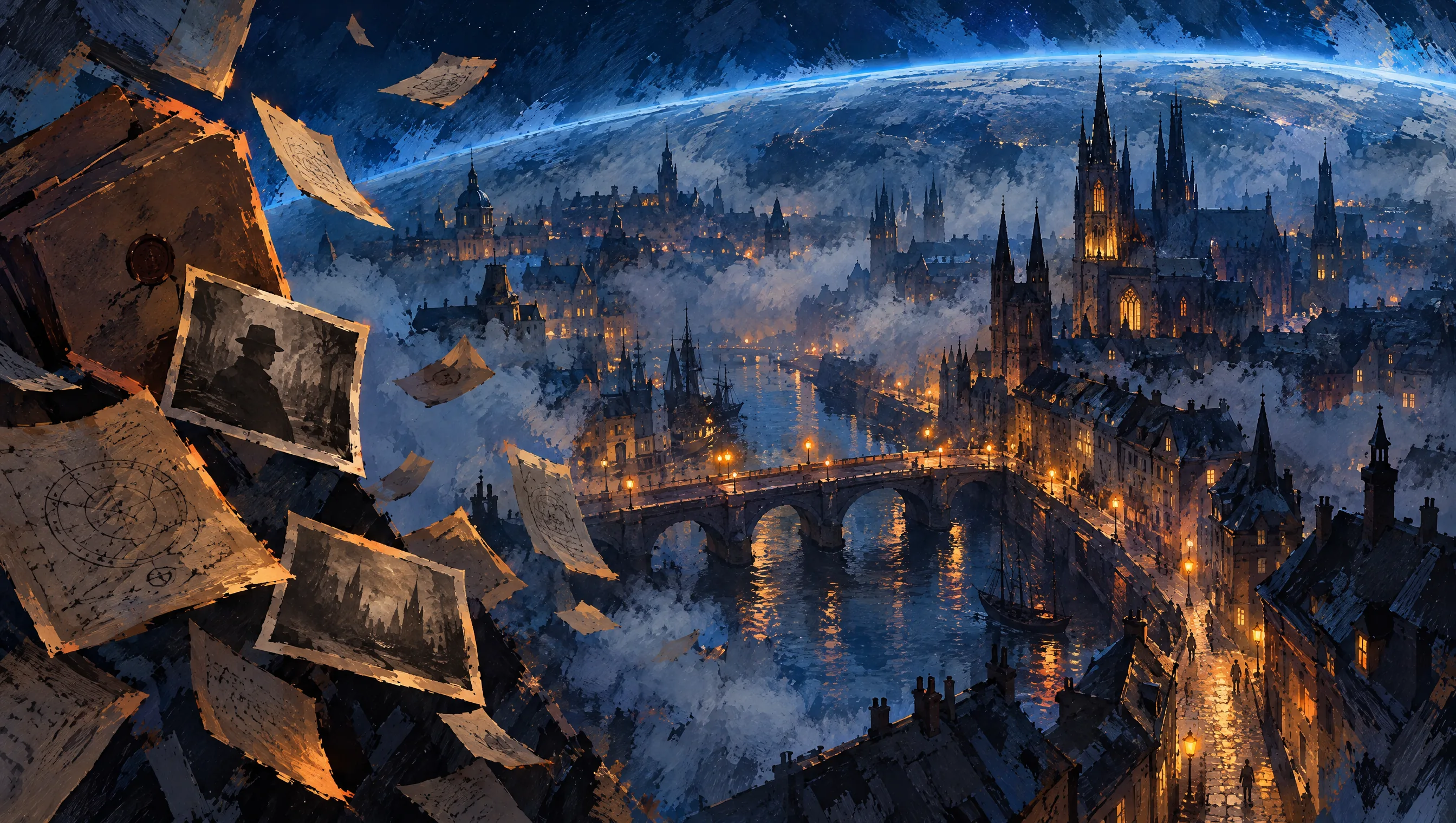 Eine neblige Altstadt bei Nacht, umgeben von schwebenden Akten und alten Fotos.