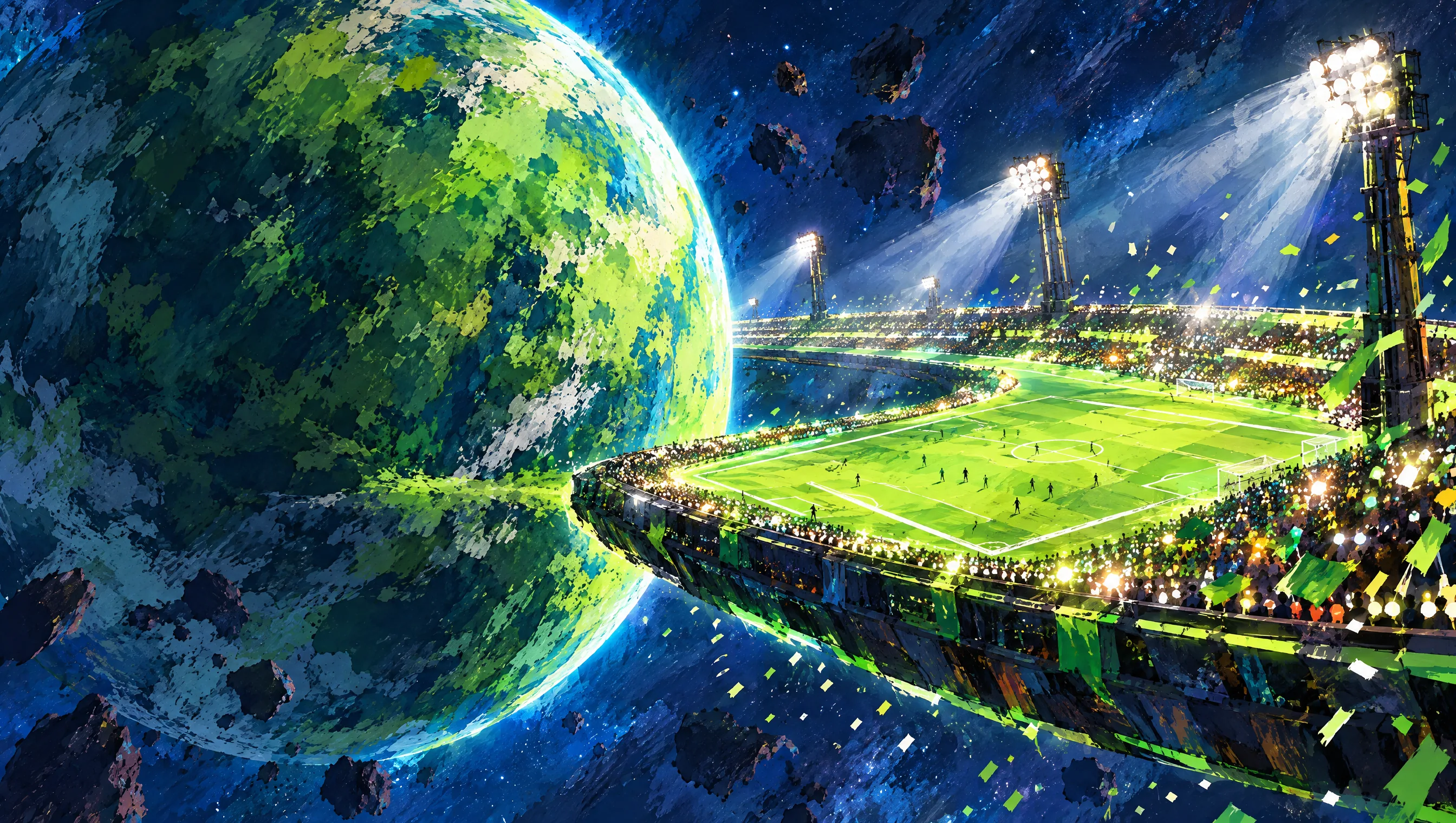 Ein grüner Planet, dessen Ring ein riesiges Stadion mit Flutlichtern bildet.