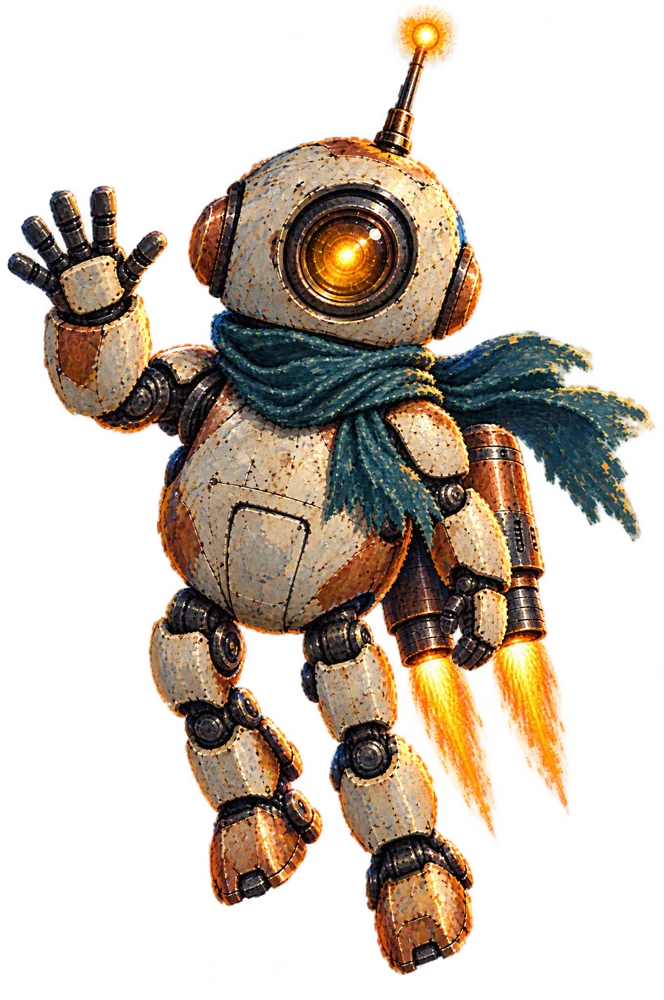 Der Craftbyte-Roboter schwebt mit Jetpack und winkt.